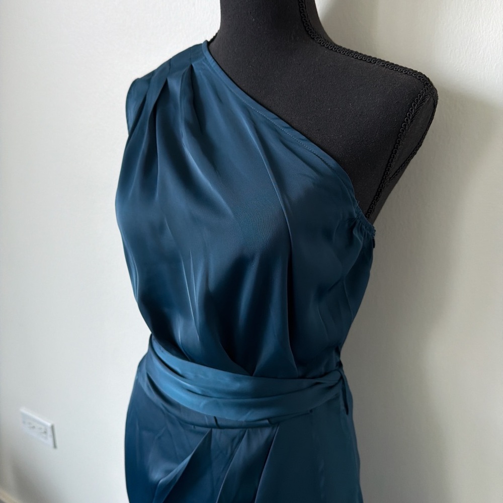 One-Shoulder Teal Blue Satin Dress - Picture 2 of 7
